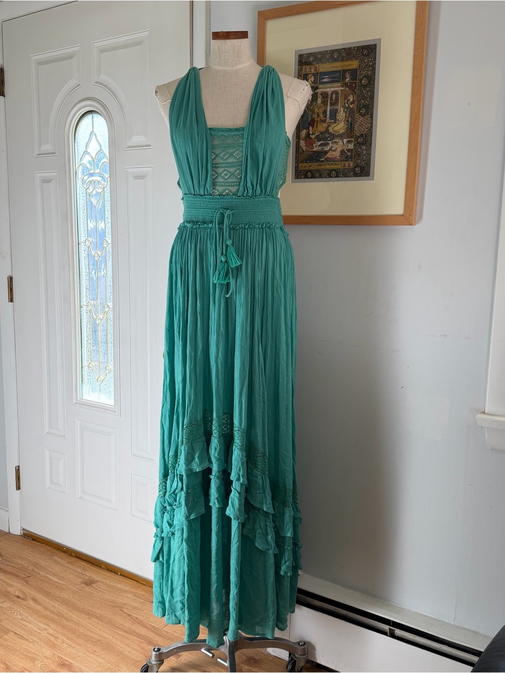 Cottagecore Free People Santa Maria Teal Maxi Dress size Large Sold Out Rare